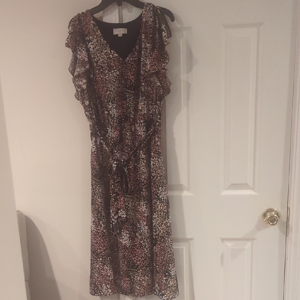 LOFT Brown and Cream Flutter Sleeve Midi Dress